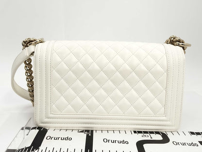 CHANEL Boy Chanel Caviar White Microchip Shoulder Bag