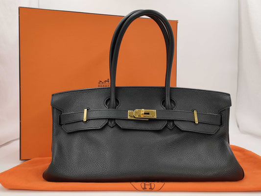 HERMES Shoulder Birkin Bag, Black, M Stamp, G Hardware, Taurillon Clemence Leather, Handbag