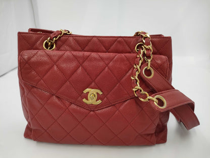 CHANEL Caviar Skin Chain Tote Shoulder Bag Red No. 4 Shoulder Bag