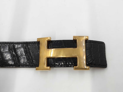 HERMES Constance H Belt, Black Crocodile, 〇L Stamped