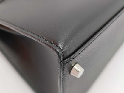 HERMES Kelly 28 Epsom Leather Black Stainless Steel Shoulder Bag with D Stamp