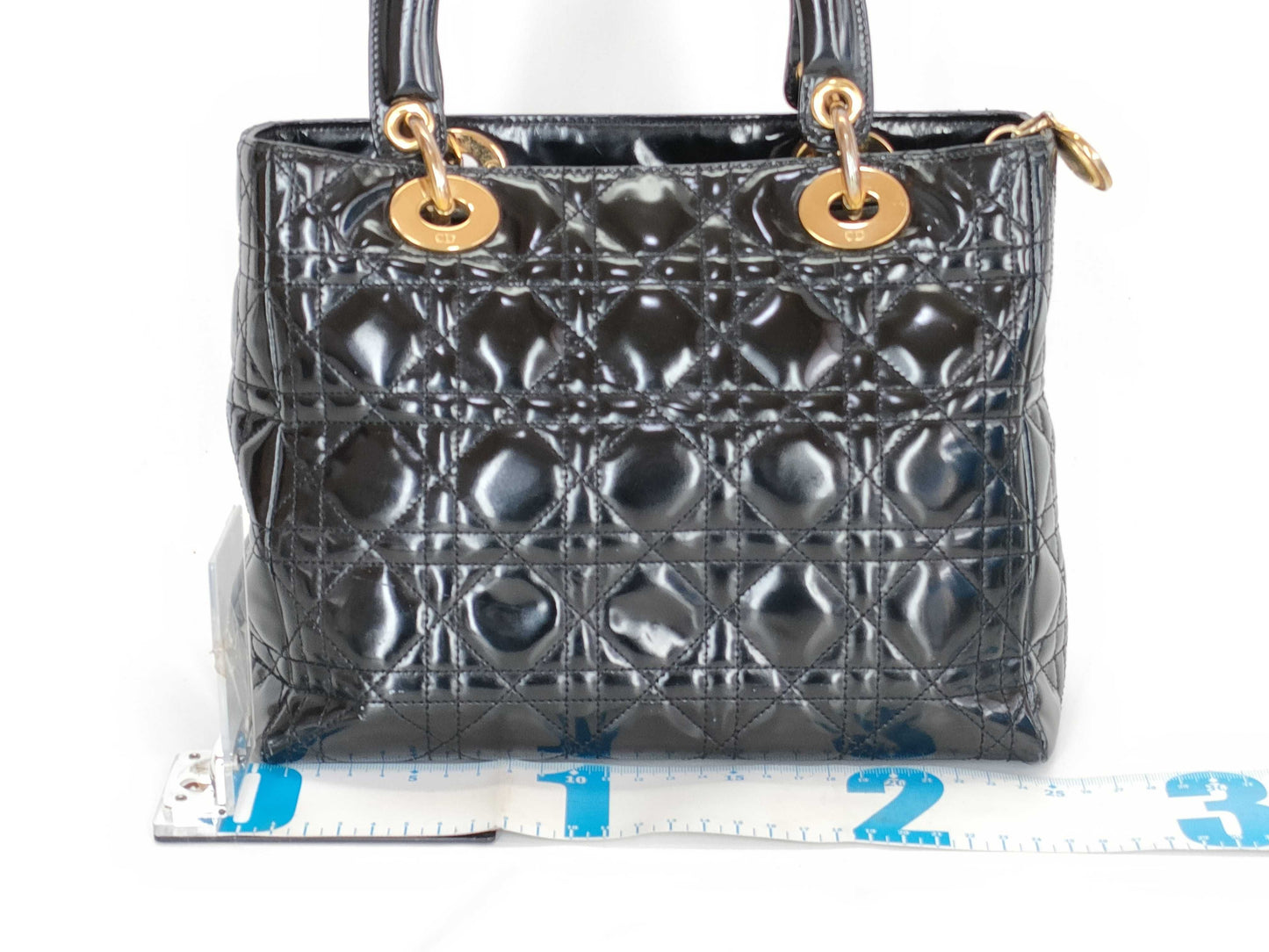 Dior Lady Dior enamel handbag, 2-way, Cannage, black, W25cm.