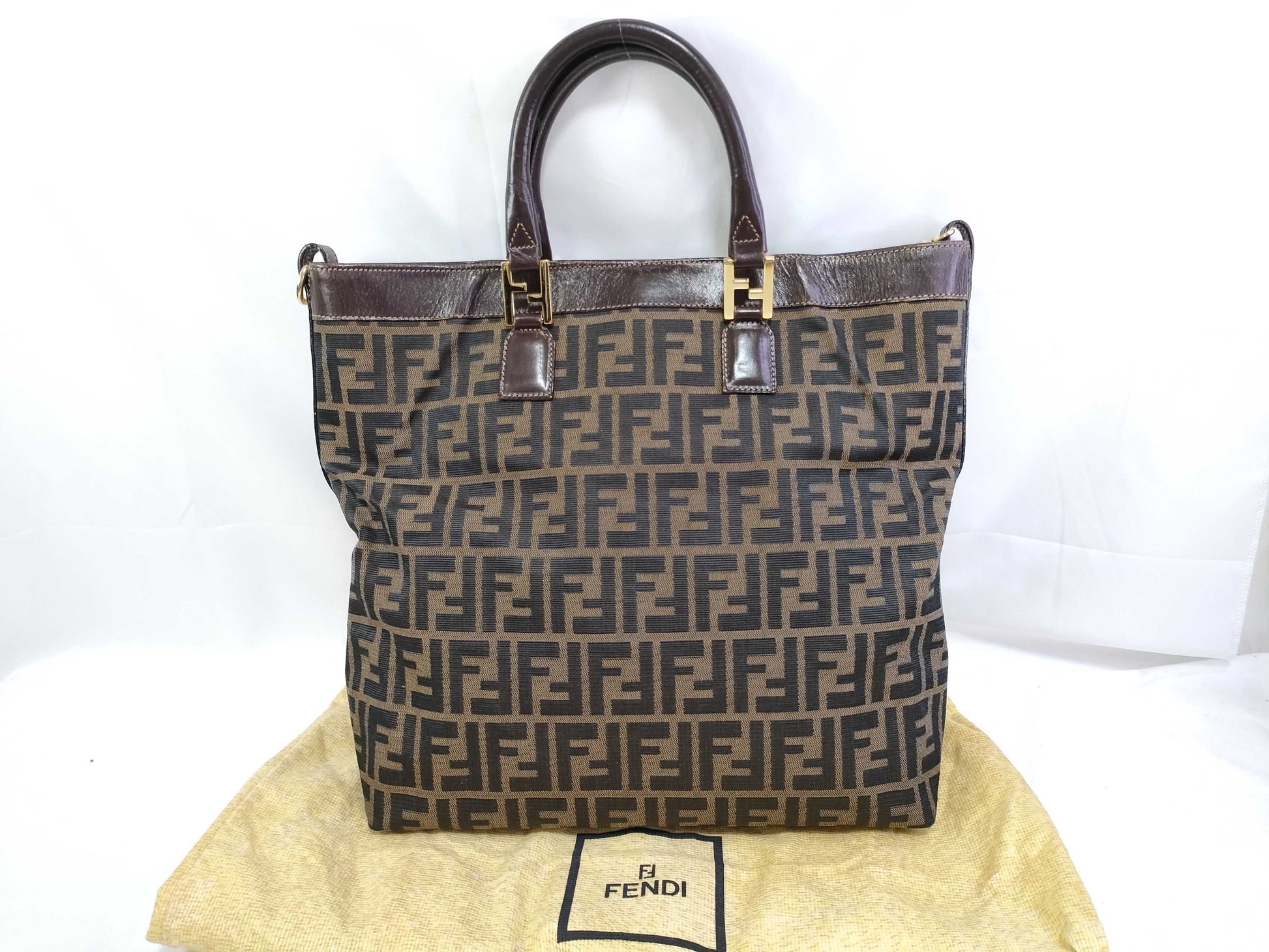 FENDI Zucca Canvas Leather Tote Bag