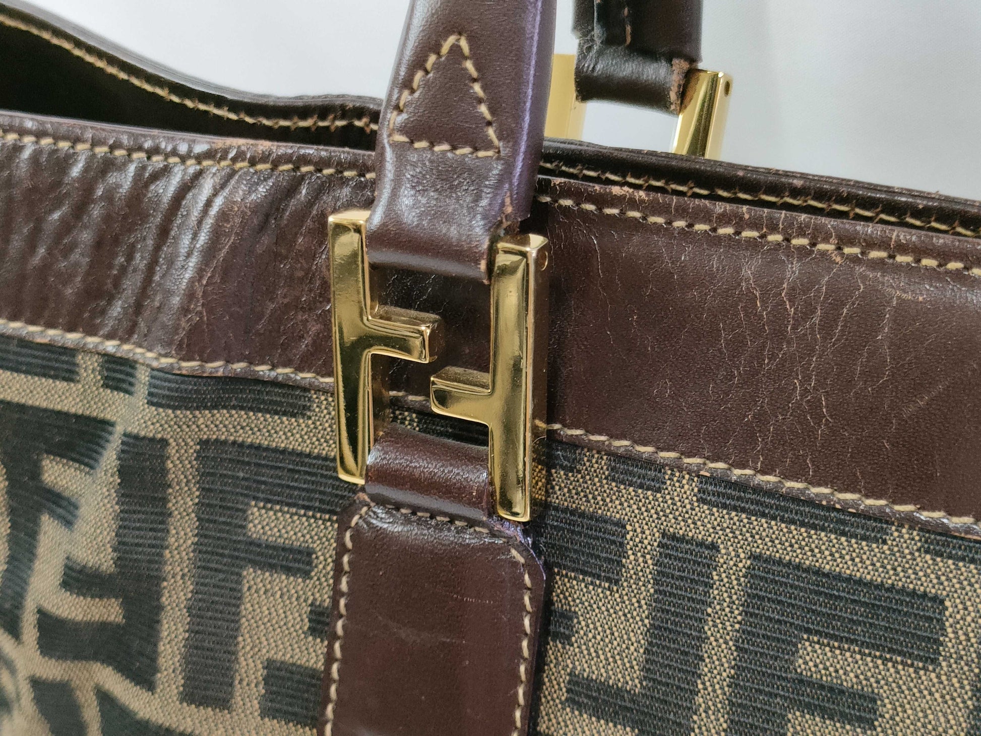FENDI Zucca Canvas Leather Tote Bag