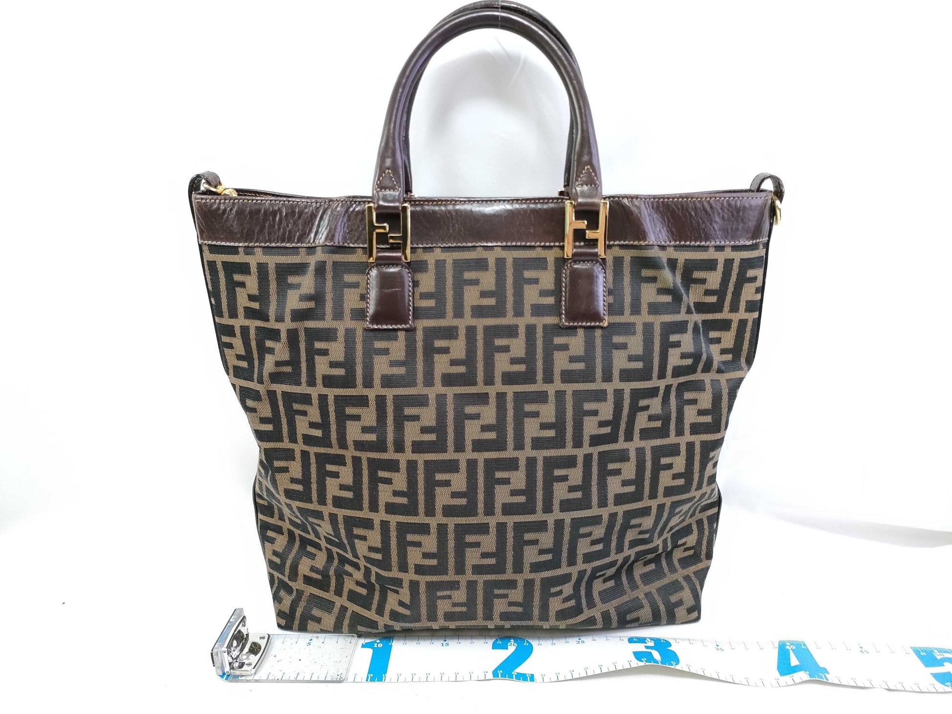 FENDI Zucca Canvas Leather Tote Bag