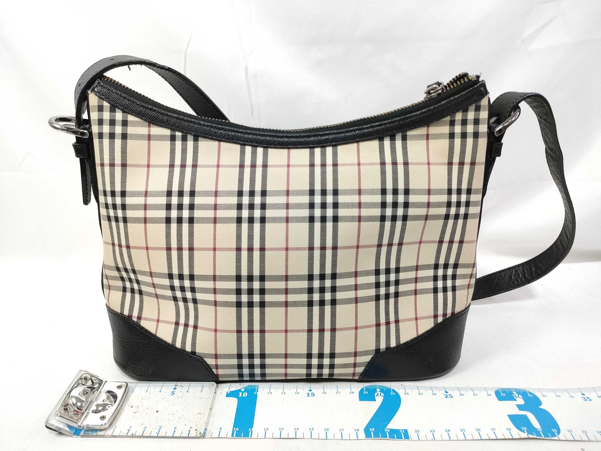 BURBERRY Nova Check Canvas Black Leather Shoulder Bag