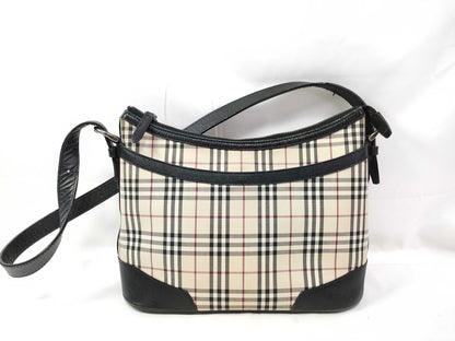 BURBERRY Nova Check Canvas Black Leather Shoulder Bag
