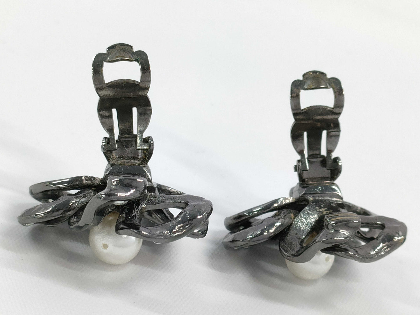 CHANEL Camellia F Pearl Rhinestone Earrings with Rice