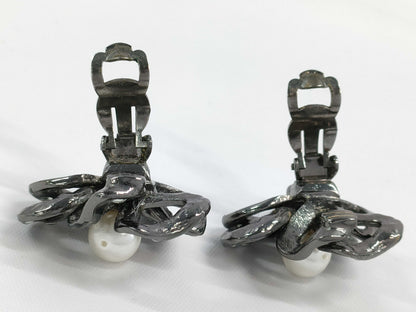 CHANEL Camellia F Pearl Rhinestone Earrings with Rice