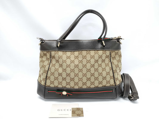 GUCCI Brown Leather Trim Monogram Bow Handbag with Strap Tote Bag