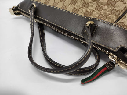 GUCCI Brown Leather Trim Monogram Bow Handbag with Strap Tote Bag