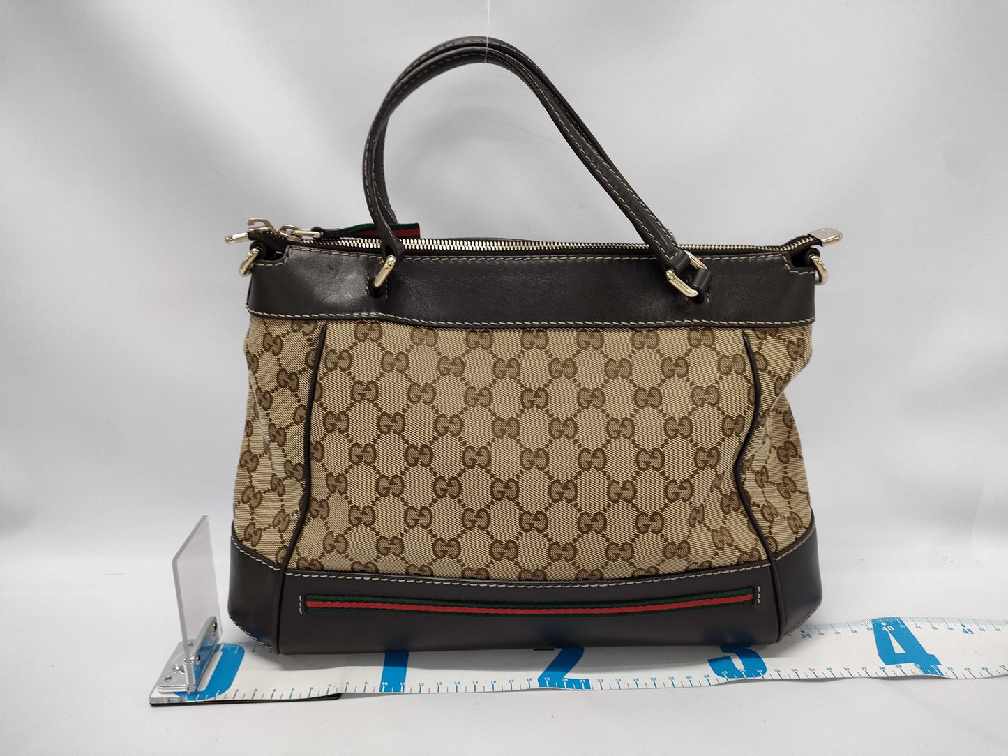 GUCCI Brown Leather Trim Monogram Bow Handbag with Strap Tote Bag