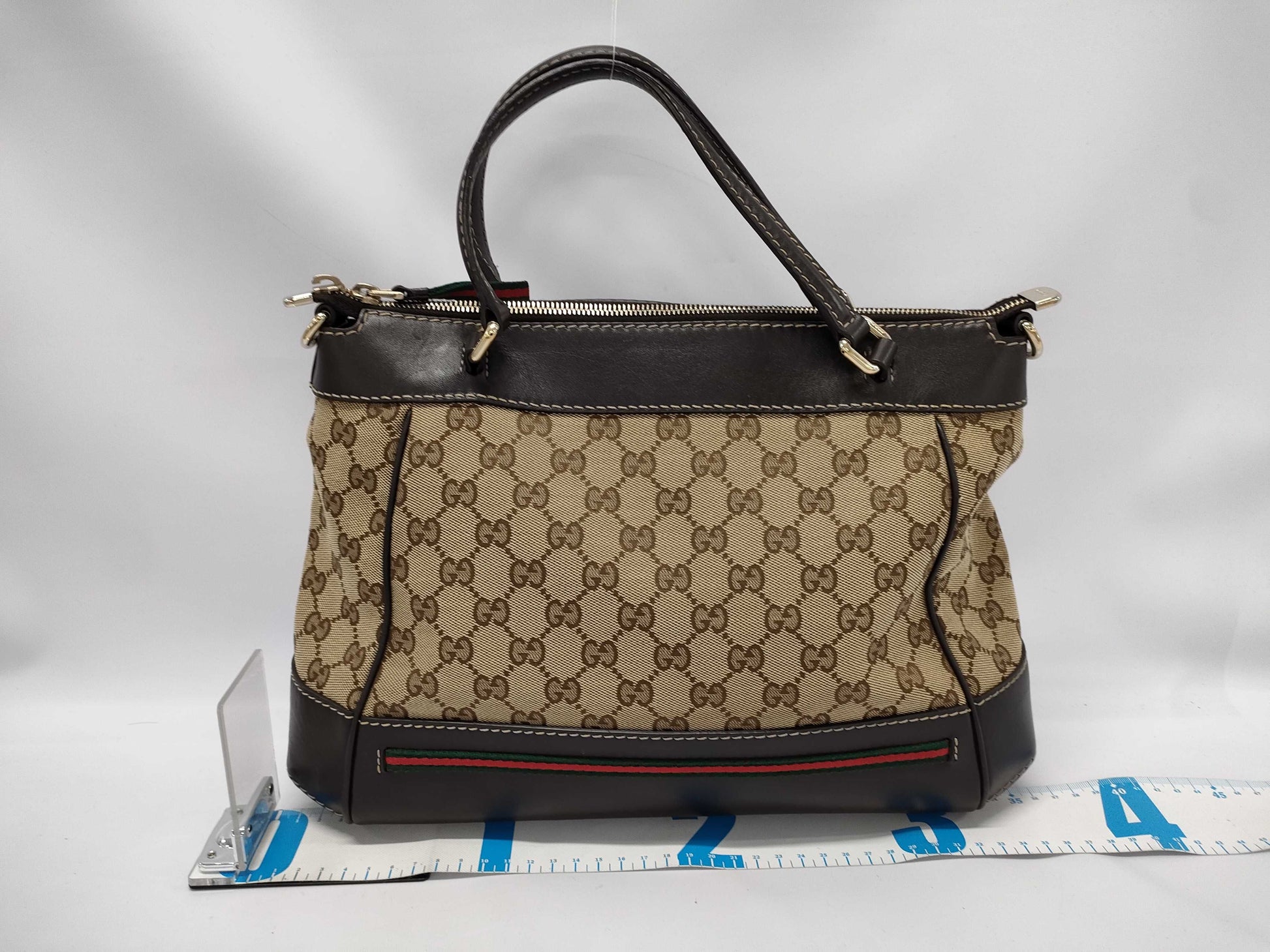 GUCCI Brown Leather Trim Monogram Bow Handbag with Strap Tote Bag