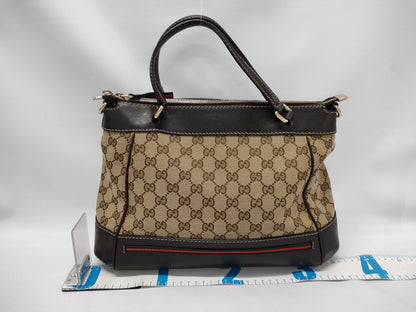 GUCCI Brown Leather Trim Monogram Bow Handbag with Strap Tote Bag