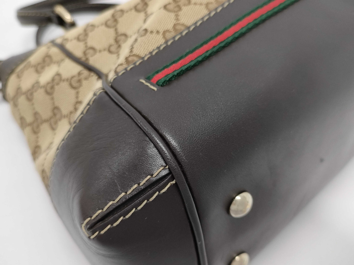 GUCCI Brown Leather Trim Monogram Bow Handbag with Strap Tote Bag