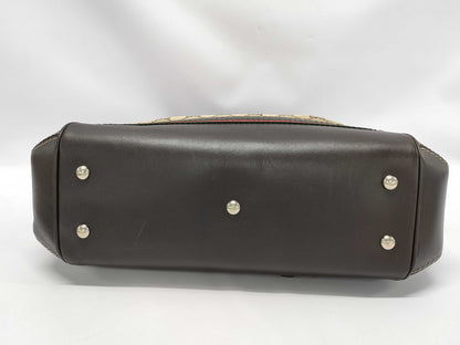 GUCCI Brown Leather Trim Monogram Bow Handbag with Strap Tote Bag