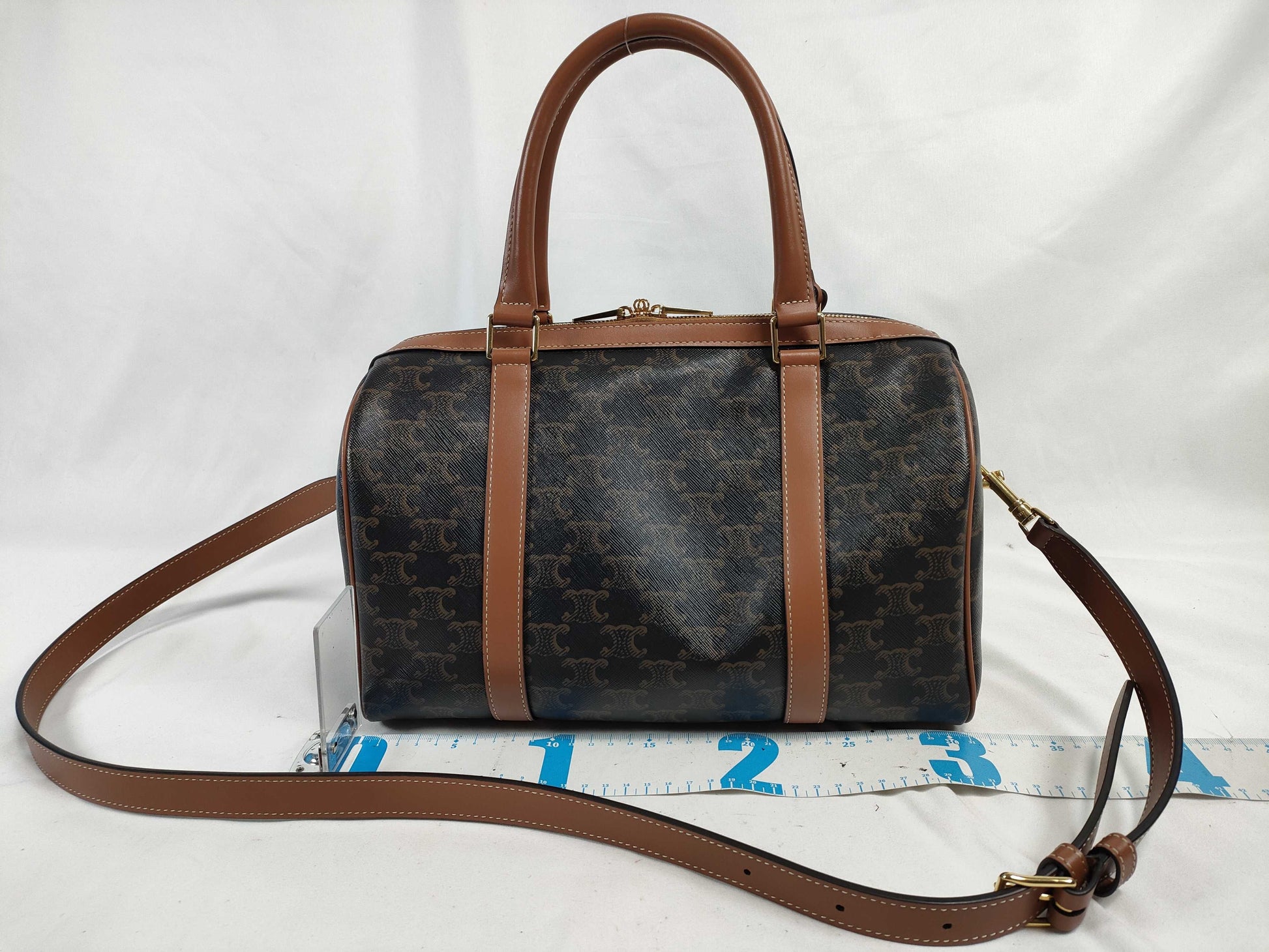 CELINE Triomphe Medium Boston Handbag. Accessories: Shoulder Strap, Cadena, Two Keys.