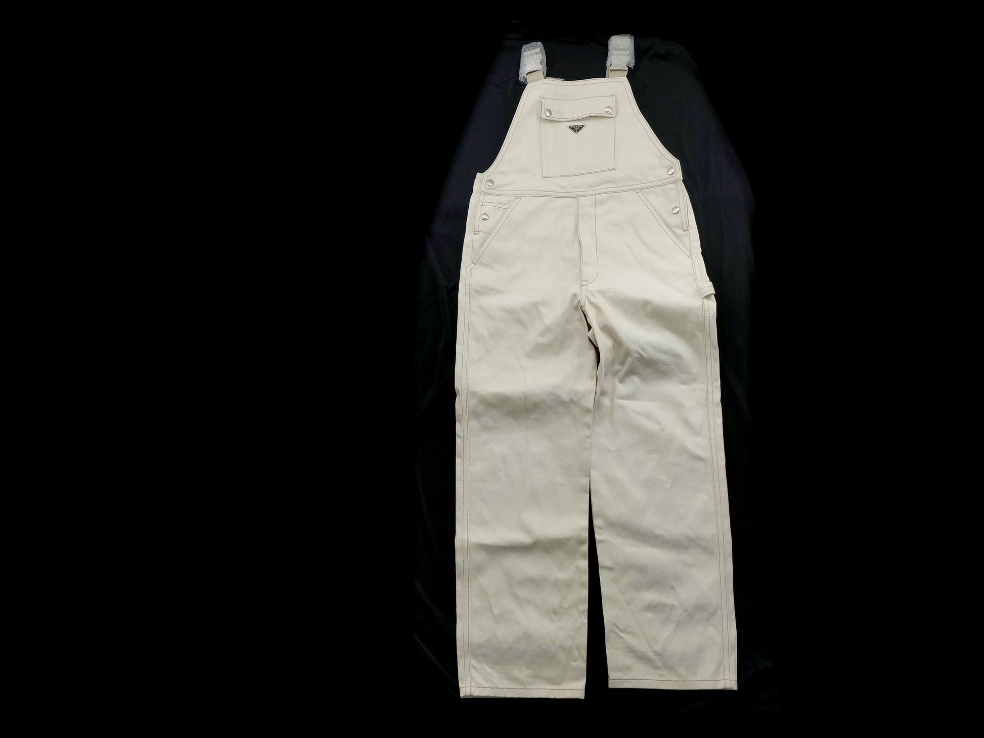 PRADA Prada Denim Overalls, Size 32, White, Front Triangle Logo, 100% Cotton, Men's Jumpsuit Pants