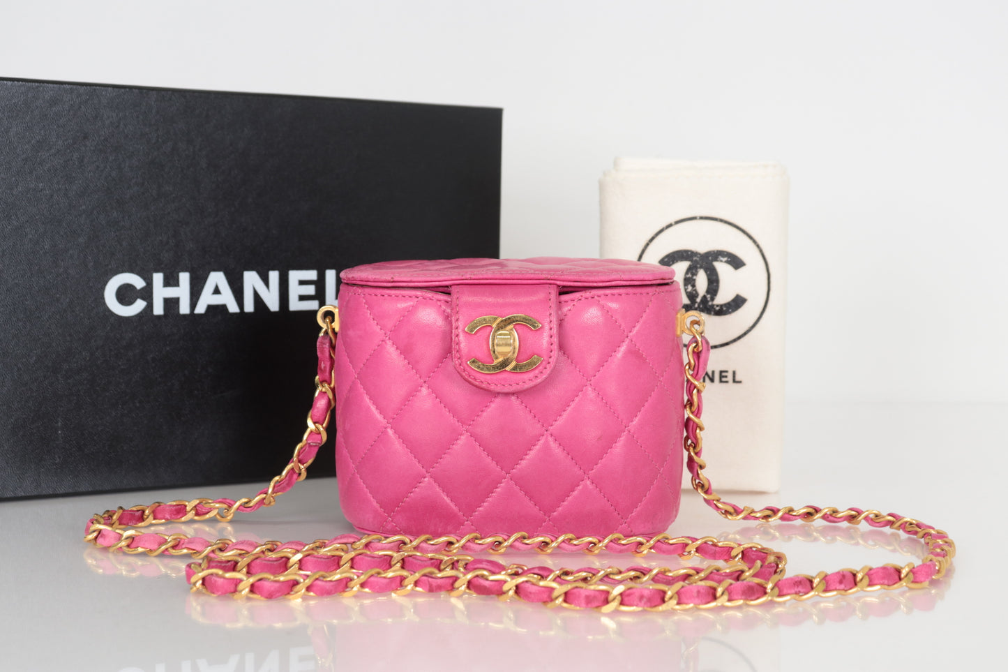 CHANEL Matelasse Lamb Mini Vanity Chain Shoulder Bag with Medium Mirror, Pink