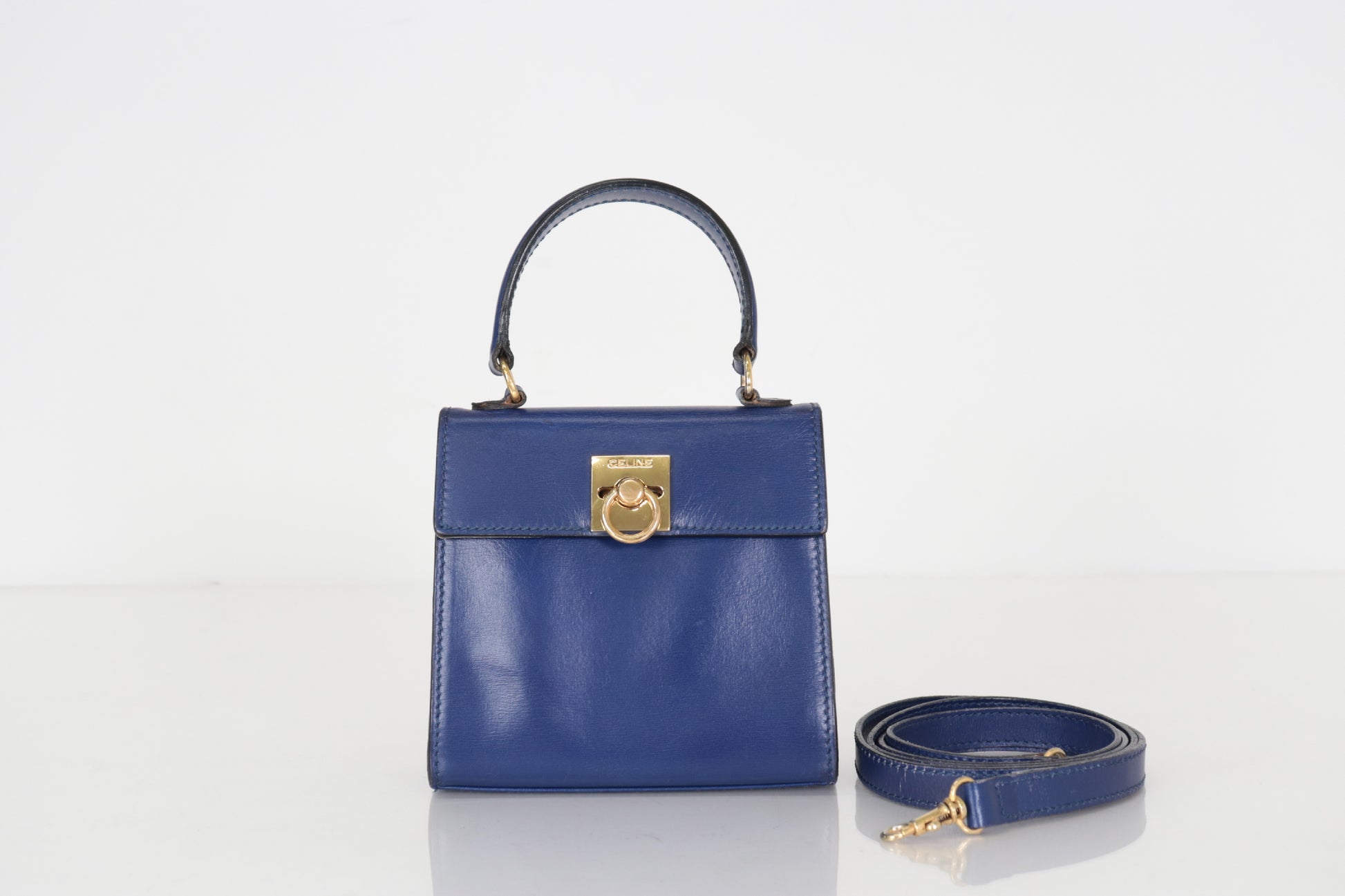 CELINE Leather Gancini Hardware 2-Way Mini Handbag Blue Shoulder Bag