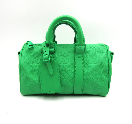 LOUIS VUITTON Keepall Bandouliere 25 M20929 Taurillon Leather Green Name Tag Handbag