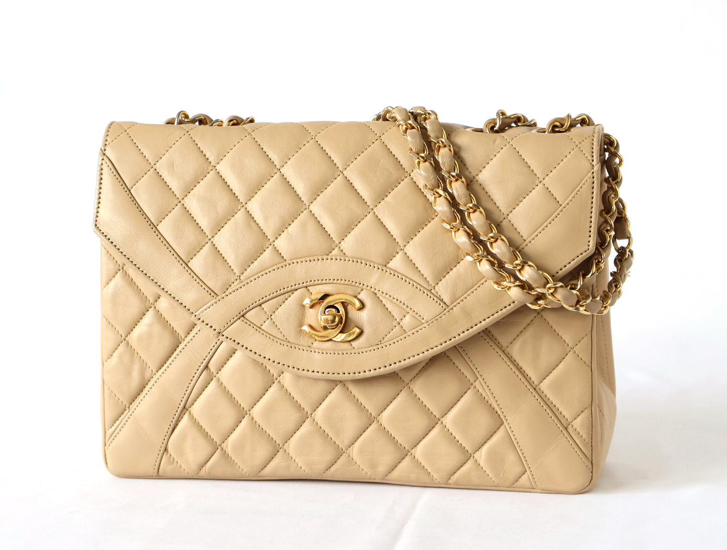CHANEL Matelasse Lambskin Double Chain Shoulder Bag Beige