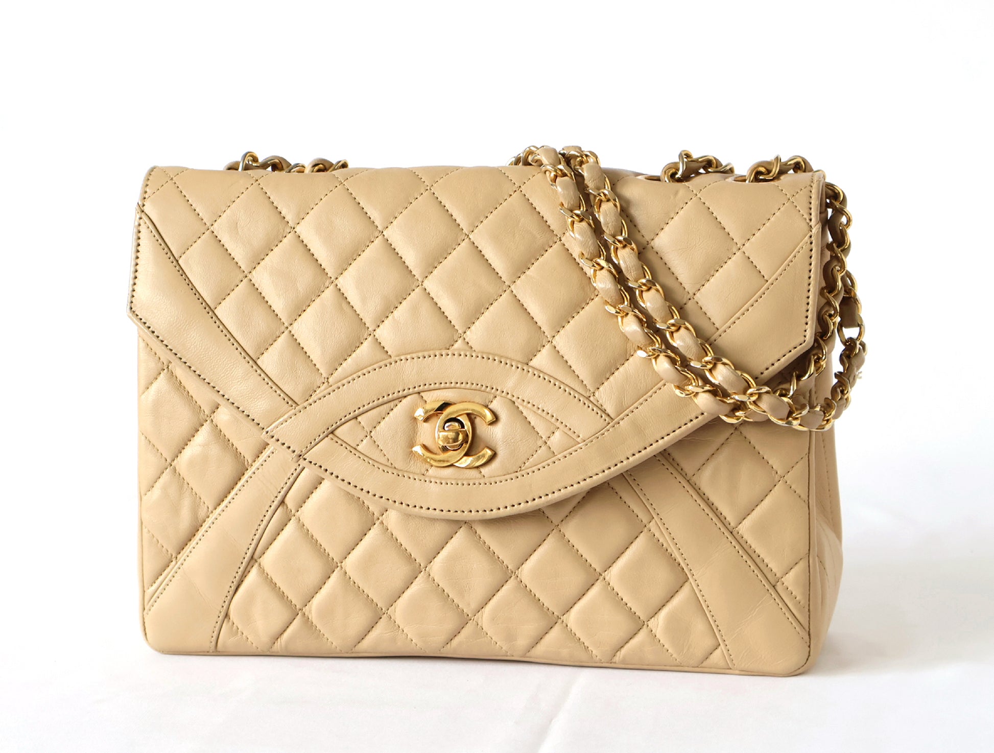 CHANEL Matelasse Lambskin Double Chain Shoulder Bag Beige