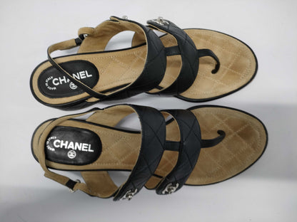 CHANEL Coco Mark Turnlock Matelasse Sandals, Size 37 1/2