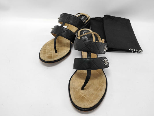 CHANEL Coco Mark Turnlock Matelasse Sandals, Size 37 1/2