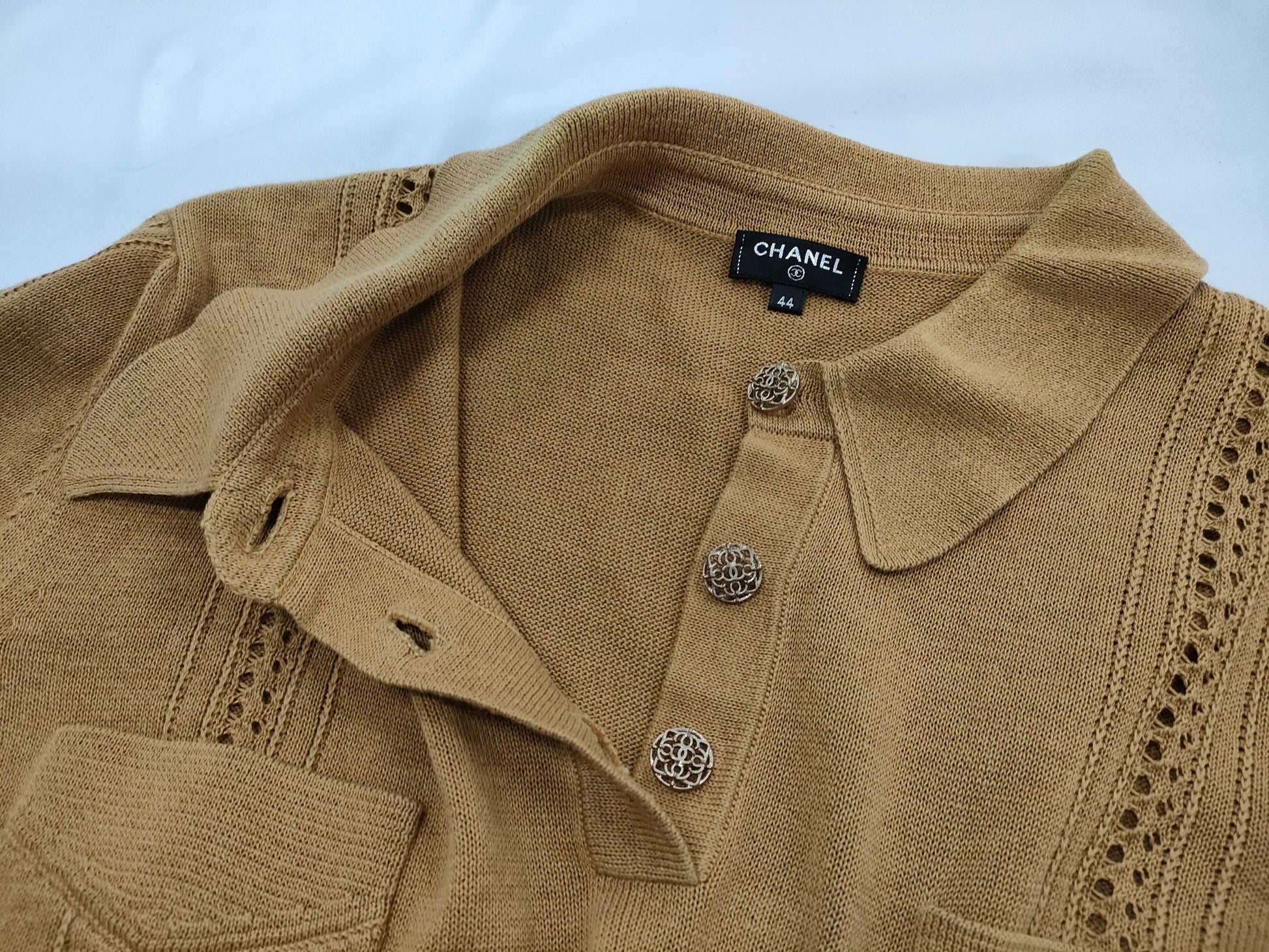 CHANEL Coco Mark Openwork Polo Shirt, Size 44, Tops