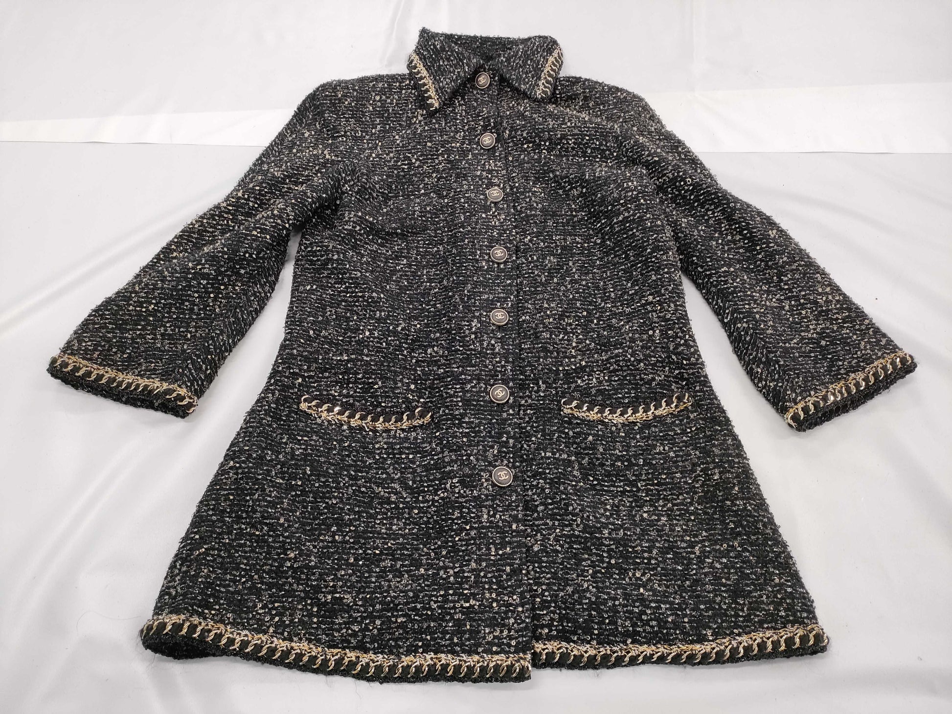 CHANEL Coco Mark Trim Tweed Coat Size 42