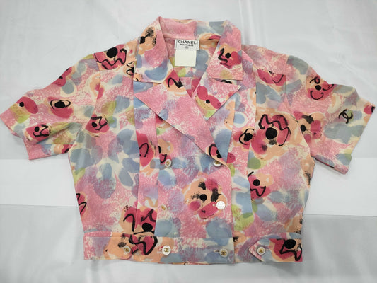CHANEL Coco Mark Camellia Silk Open Collar Short Sleeve Shirt