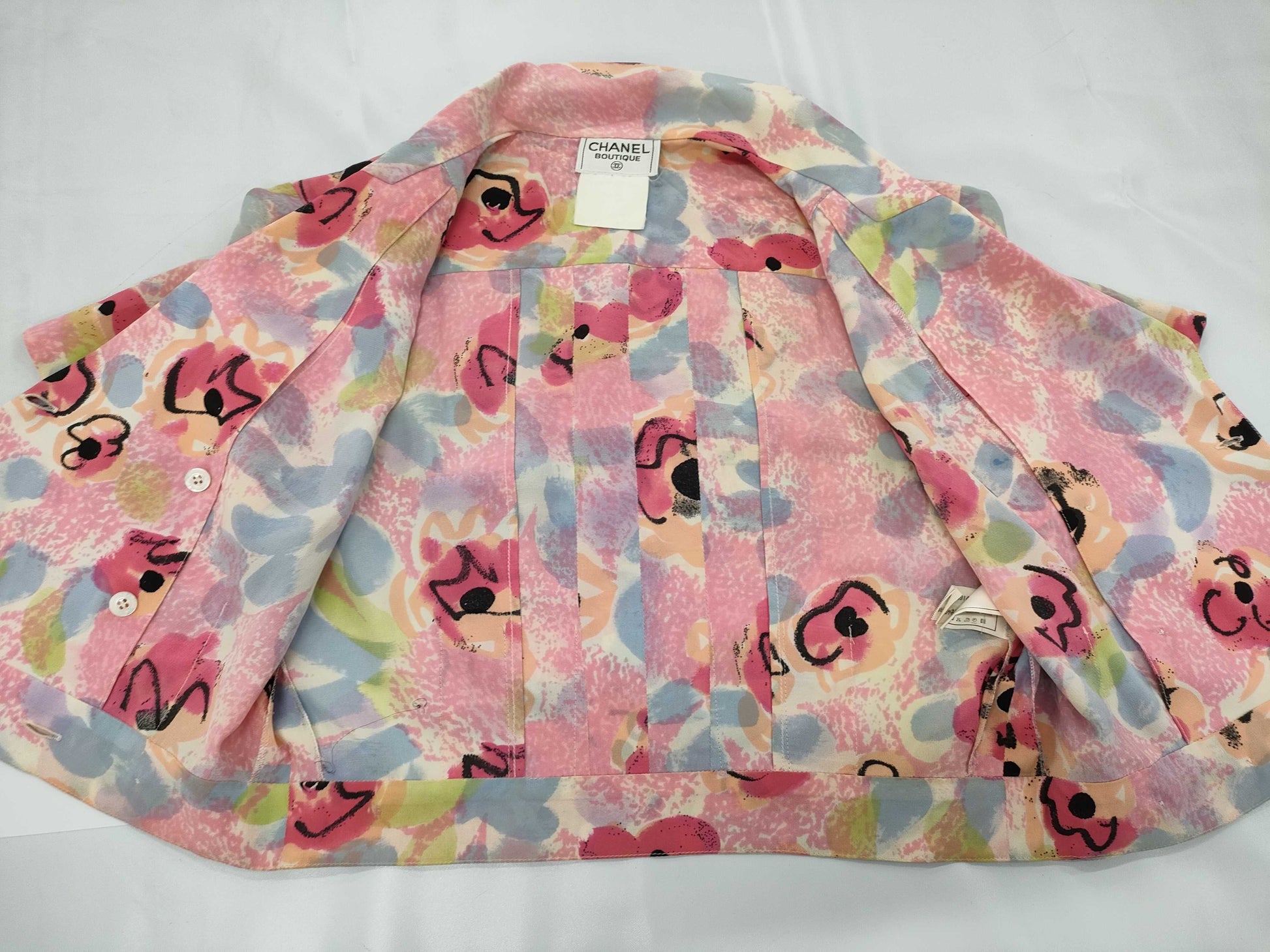 CHANEL Coco Mark Camellia Silk Open Collar Short Sleeve Shirt