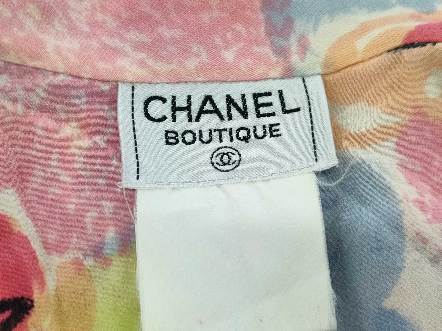 CHANEL Coco Mark Camellia Silk Open Collar Short Sleeve Shirt