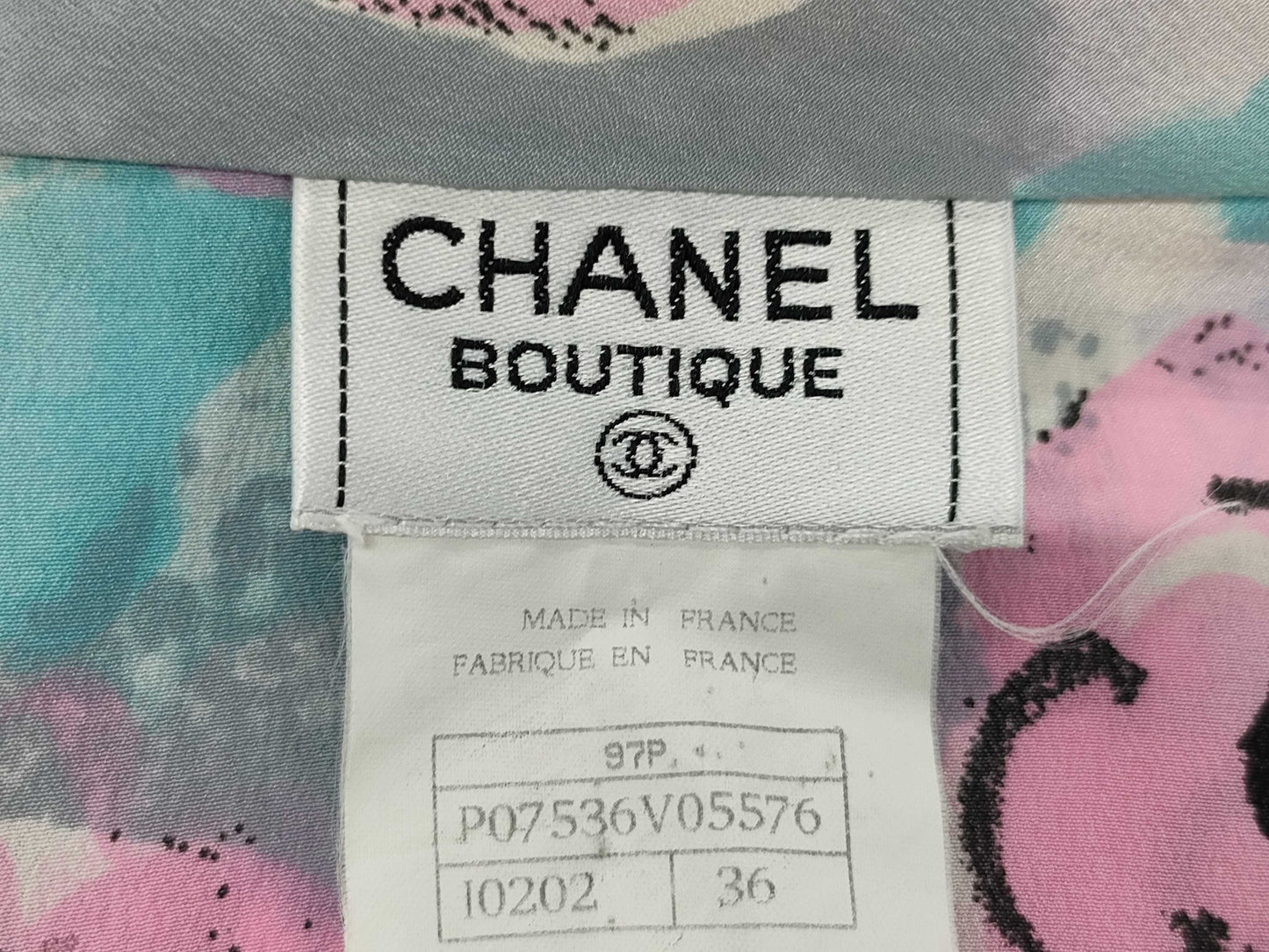 CHANEL P07356 Size 36 Light Blue Cropped Short Sleeve All-Over Print Shirt