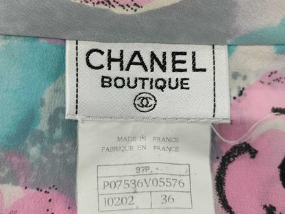 CHANEL P07356 Size 36 Light Blue Cropped Short Sleeve All-Over Print Shirt