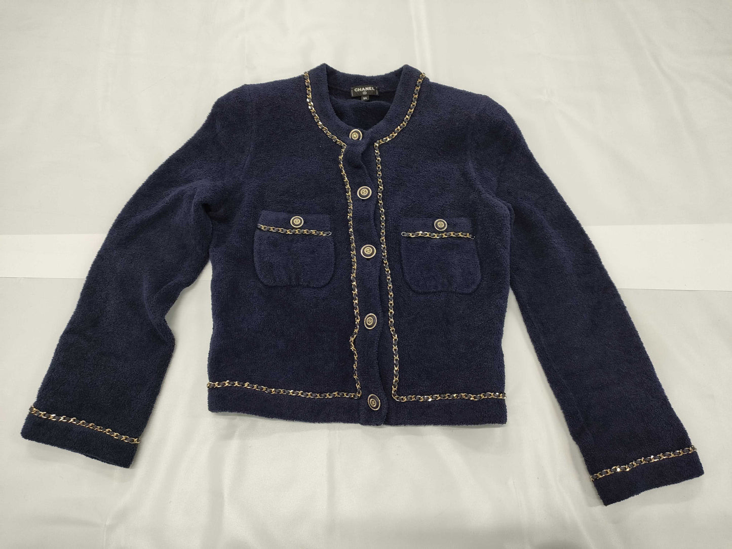 CHANEL Coco Mark Chain Stitch Pile Knit Jacket, Size 34