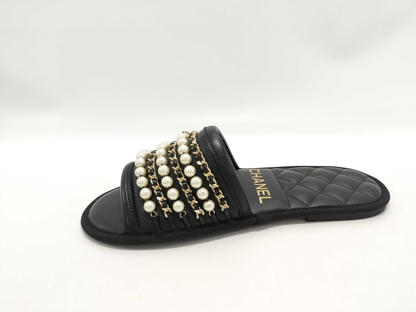 CHANEL Coco Mark Pearl Chain Leather Flat Sandals XS Slippers