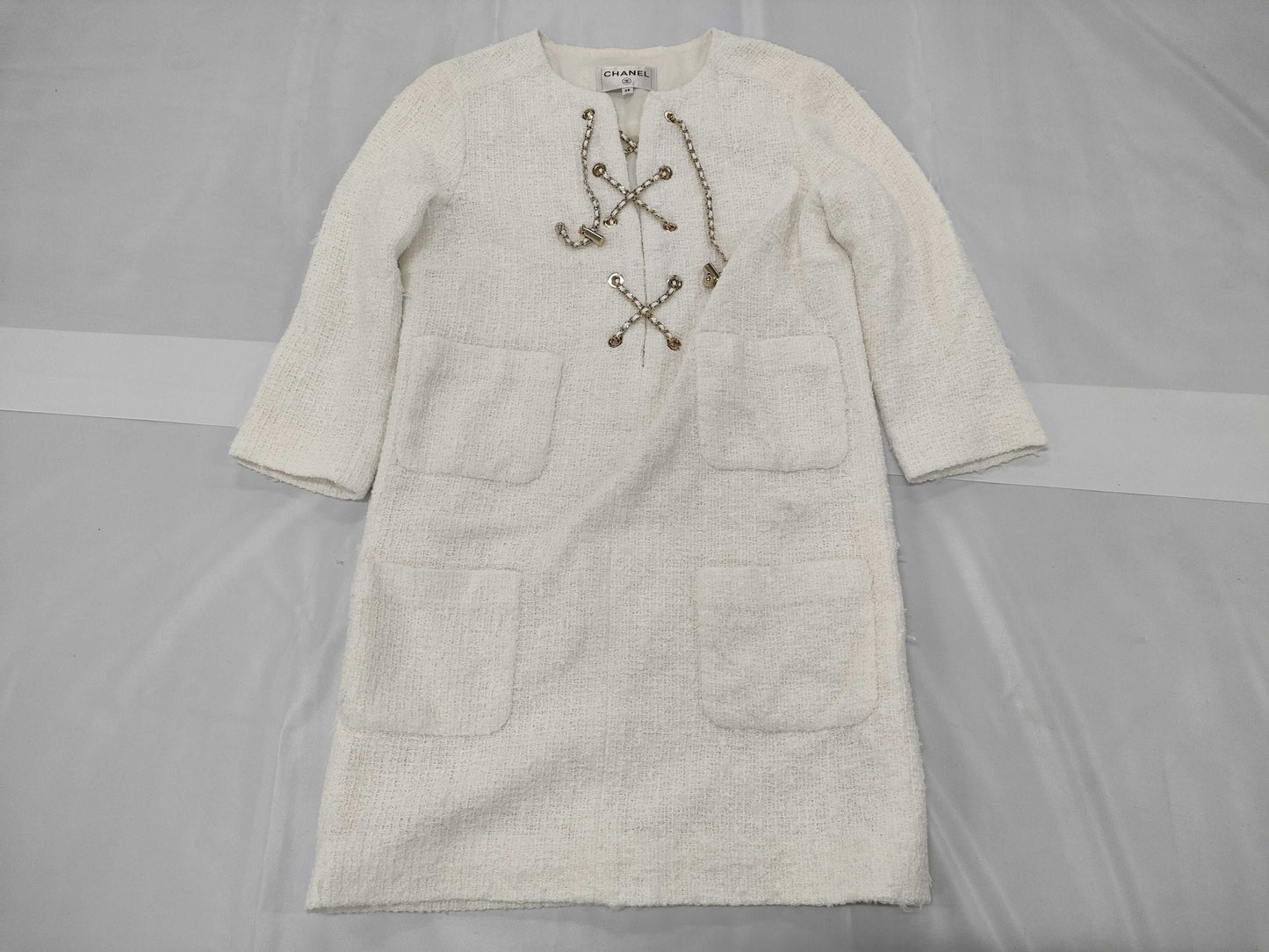 CHANEL Coco Mark Tweed Lace-Up Chain Dress, Size 38