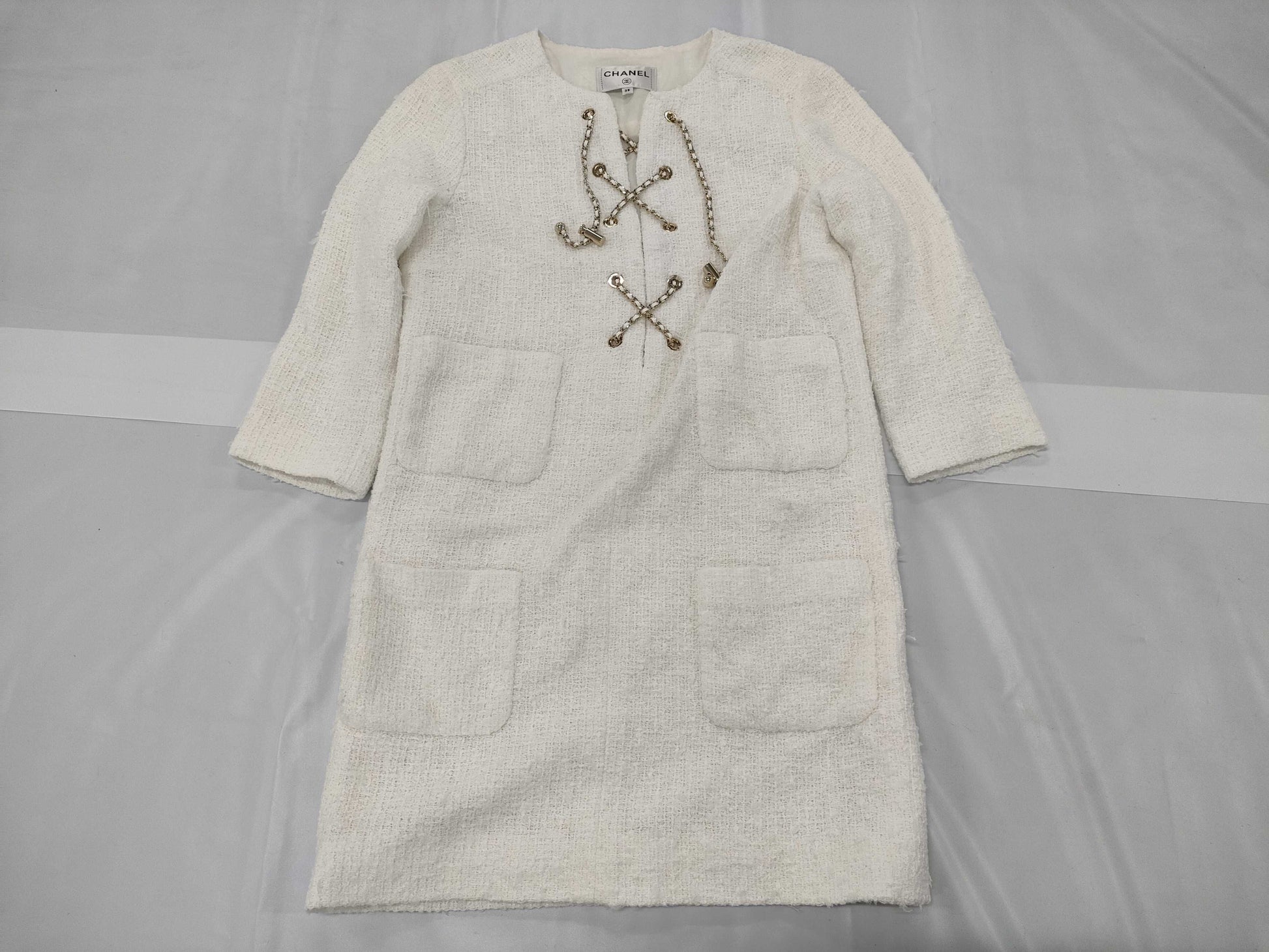CHANEL Coco Mark Tweed Lace-Up Chain Dress, Size 38