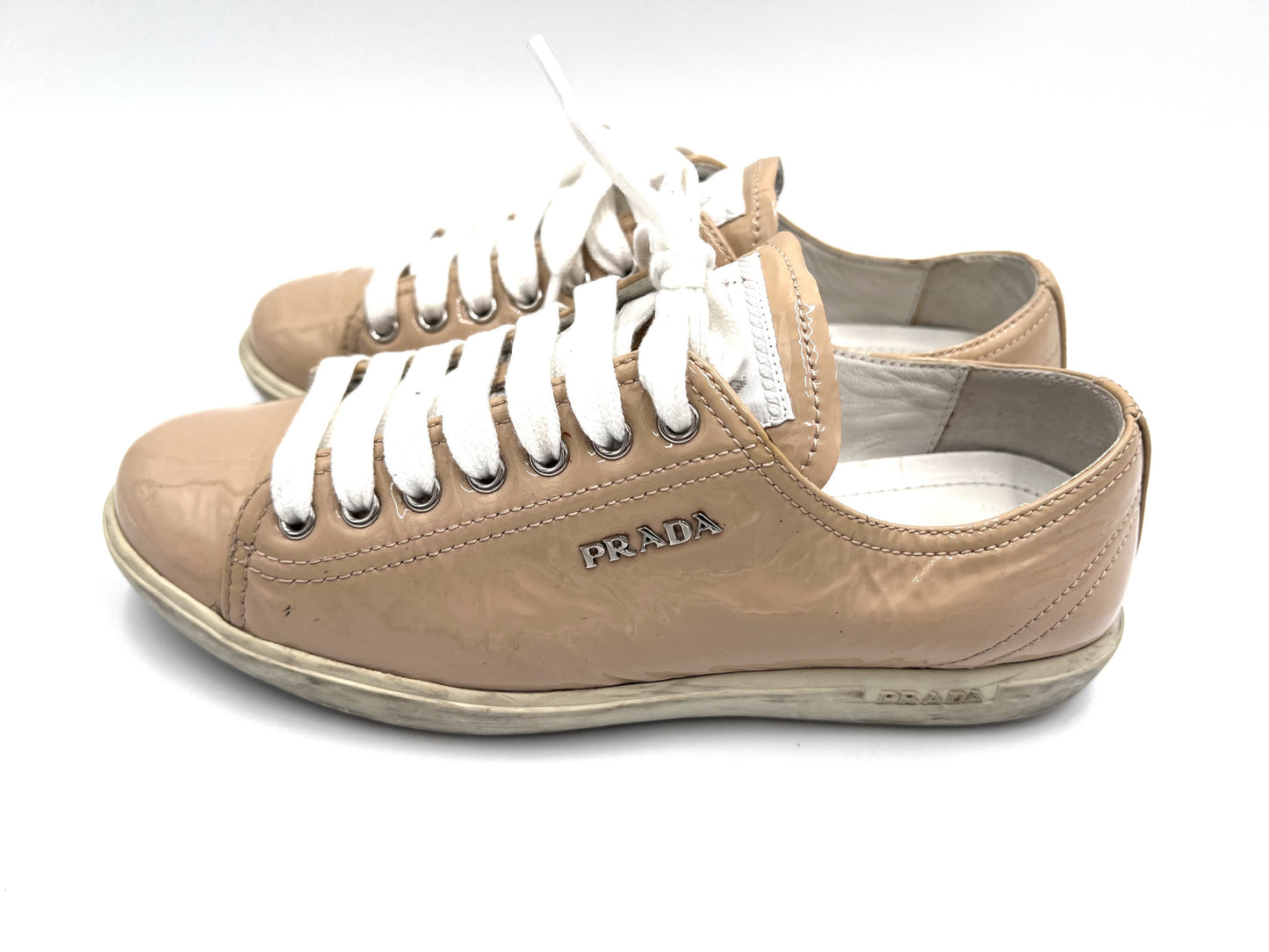 PRADA 3E 5534 Patent Leather Beige Sneakers Size 35 1/2