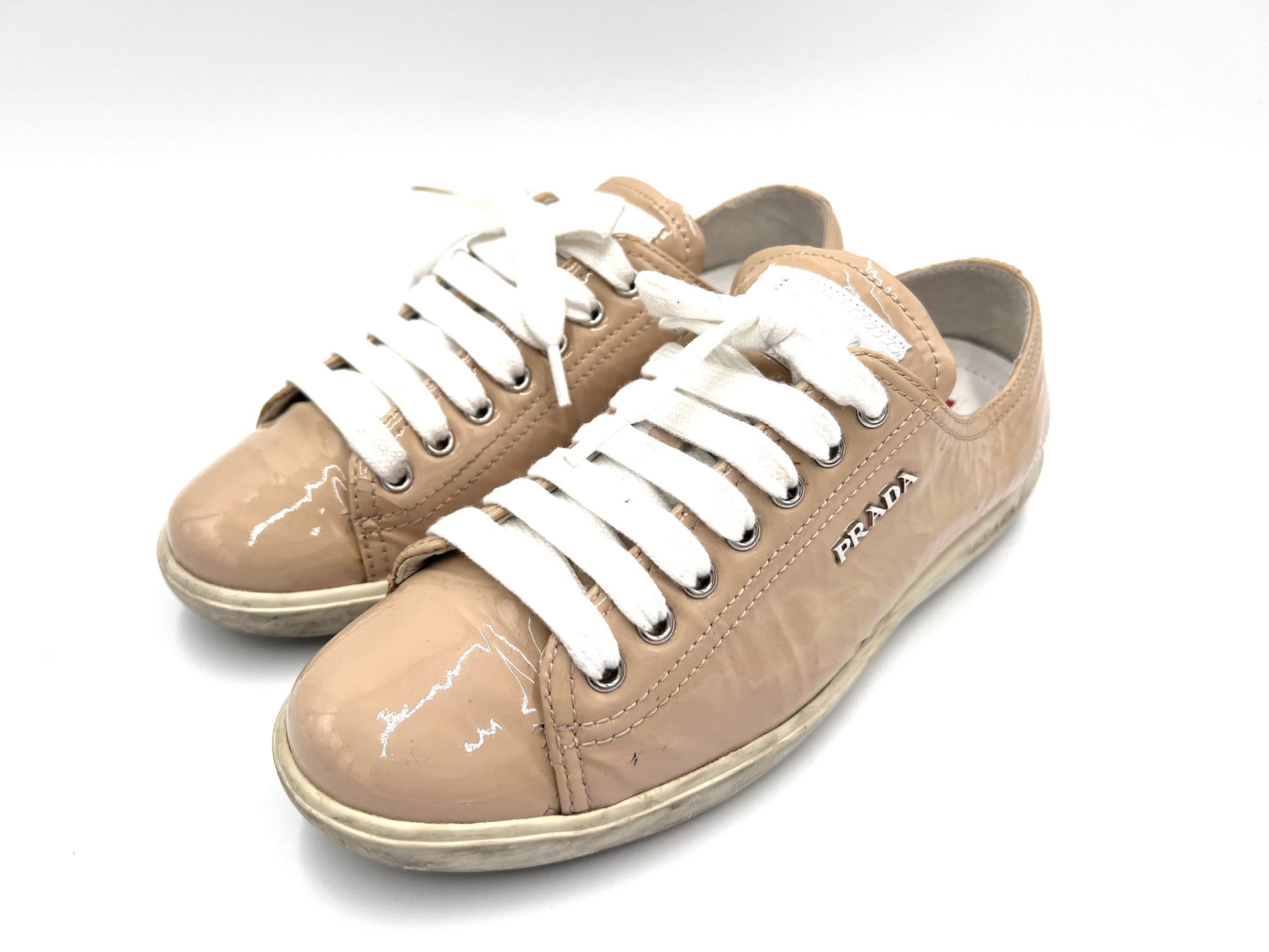PRADA 3E 5534 Patent Leather Beige Sneakers Size 35 1/2