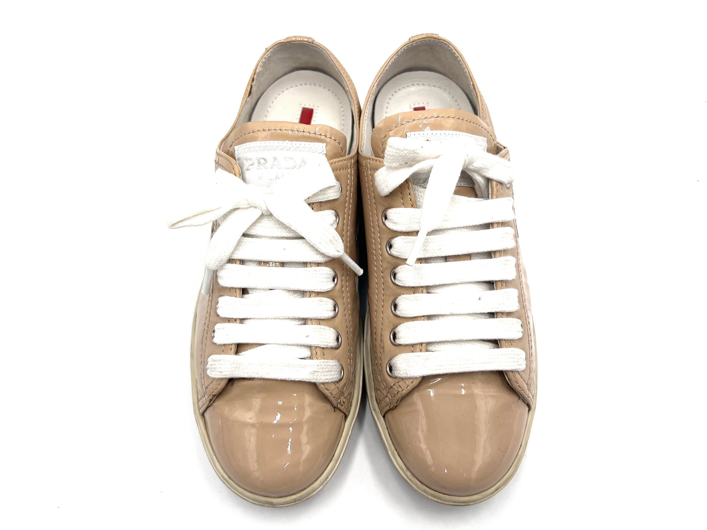 PRADA 3E 5534 Patent Leather Beige Sneakers Size 35 1/2