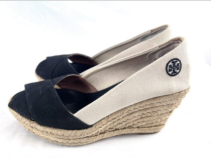 Tory Burch Espadrille Wedge Sandals, Black and Natural, Size 6