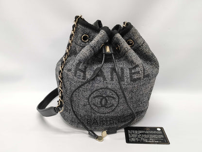 CHANEL Deauville Drawstring Shoulder Bag A57536 Gray with Silver Hardware, Tweed, 27198585
