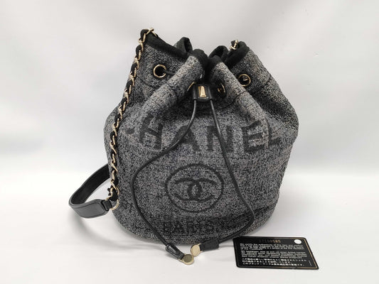 CHANEL Deauville Drawstring Shoulder Bag A57536 Gray with Silver Hardware, Tweed, 27198585