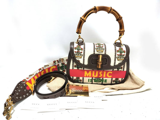 GUCCI Bamboo Bag, 100th Anniversary Model, Canvas Handbag, Women's Handbag
