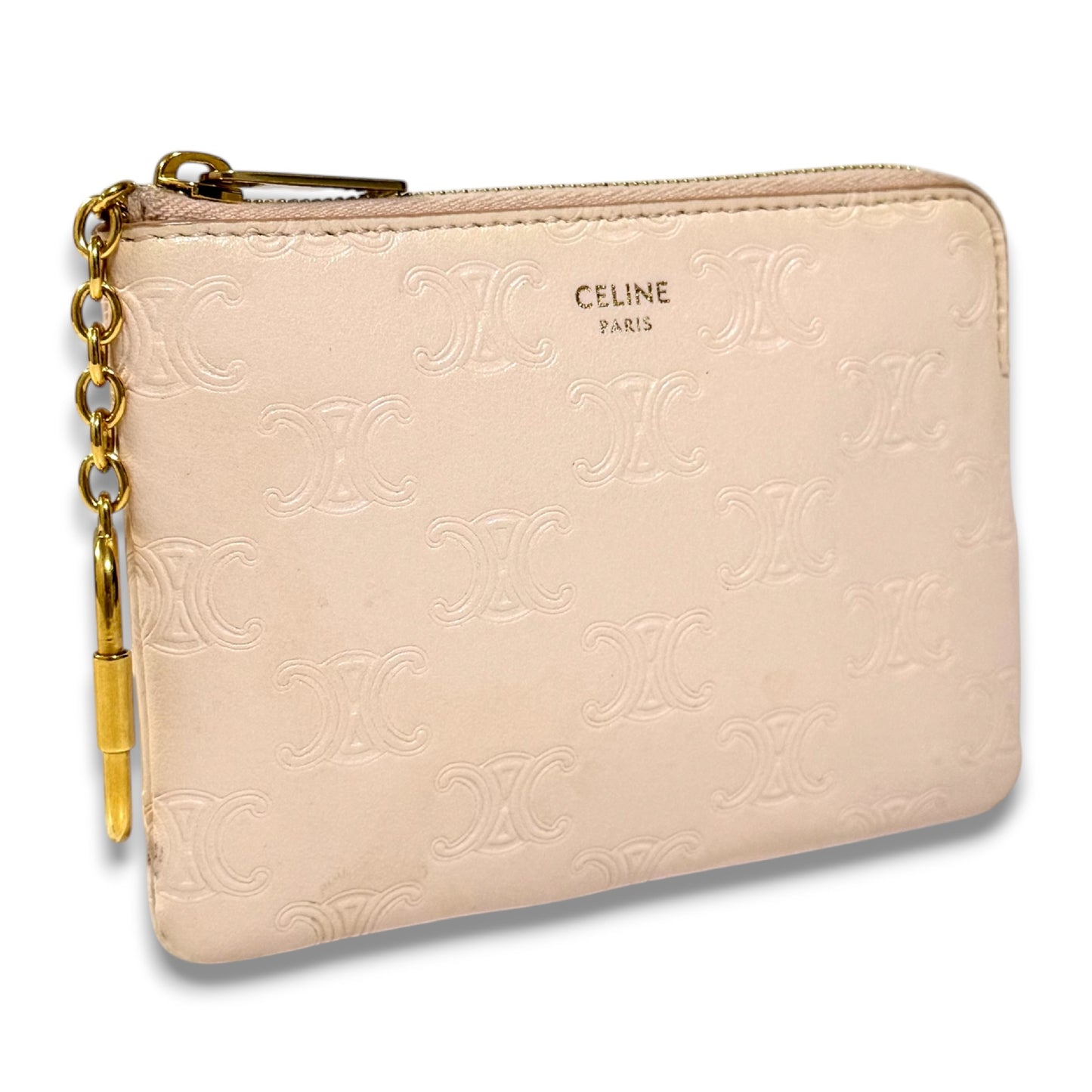 CELINE Smooth Calfskin Triomphe Embossed Coin and Card Pouch Smooth Calfskin Triomphe Embossed Coin and Card Holder with Key Hook W Coin Case