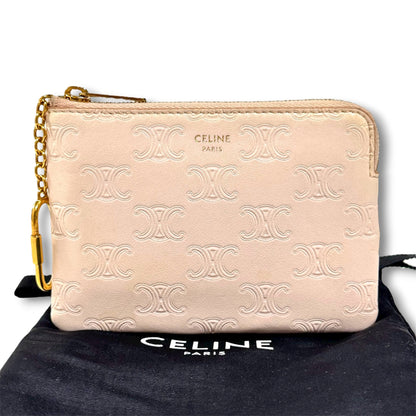 CELINE Smooth Calfskin Triomphe Embossed Coin and Card Pouch Smooth Calfskin Triomphe Embossed Coin and Card Holder with Key Hook W Coin Case