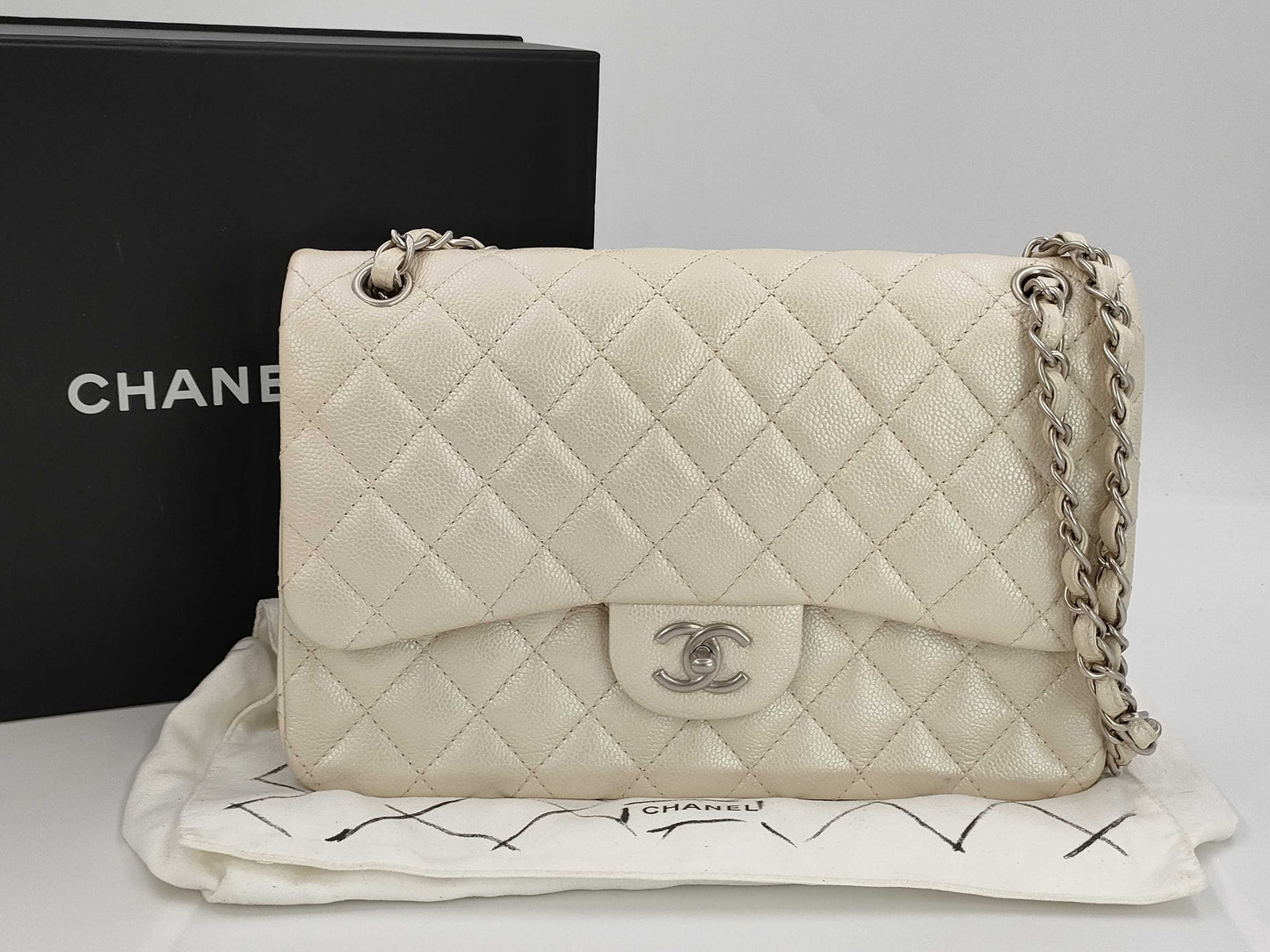 CHANEL Caviar Skin Cream Jumbo Shoulder Bag, Size 20